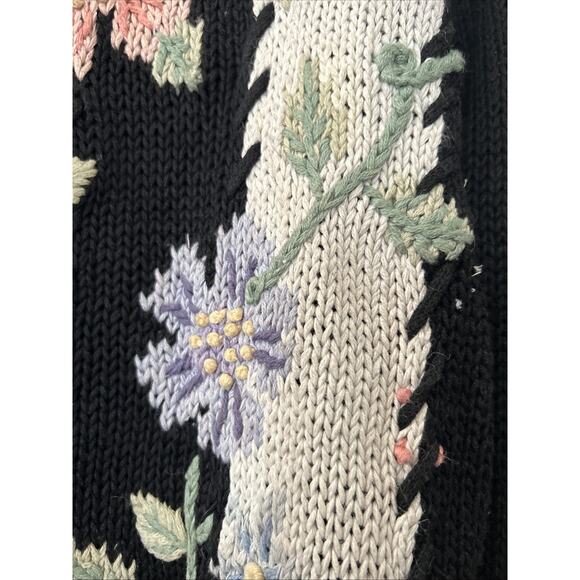 Vintage Maggie Lawrence Cardigan 80s Black Knit Flower Sweater Medium Read - Picture 10 of 16